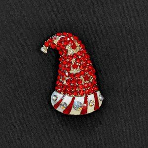 Red Pave Rhinestone & Enamel Christmas Santa Hat Brooch Pin & Pendant